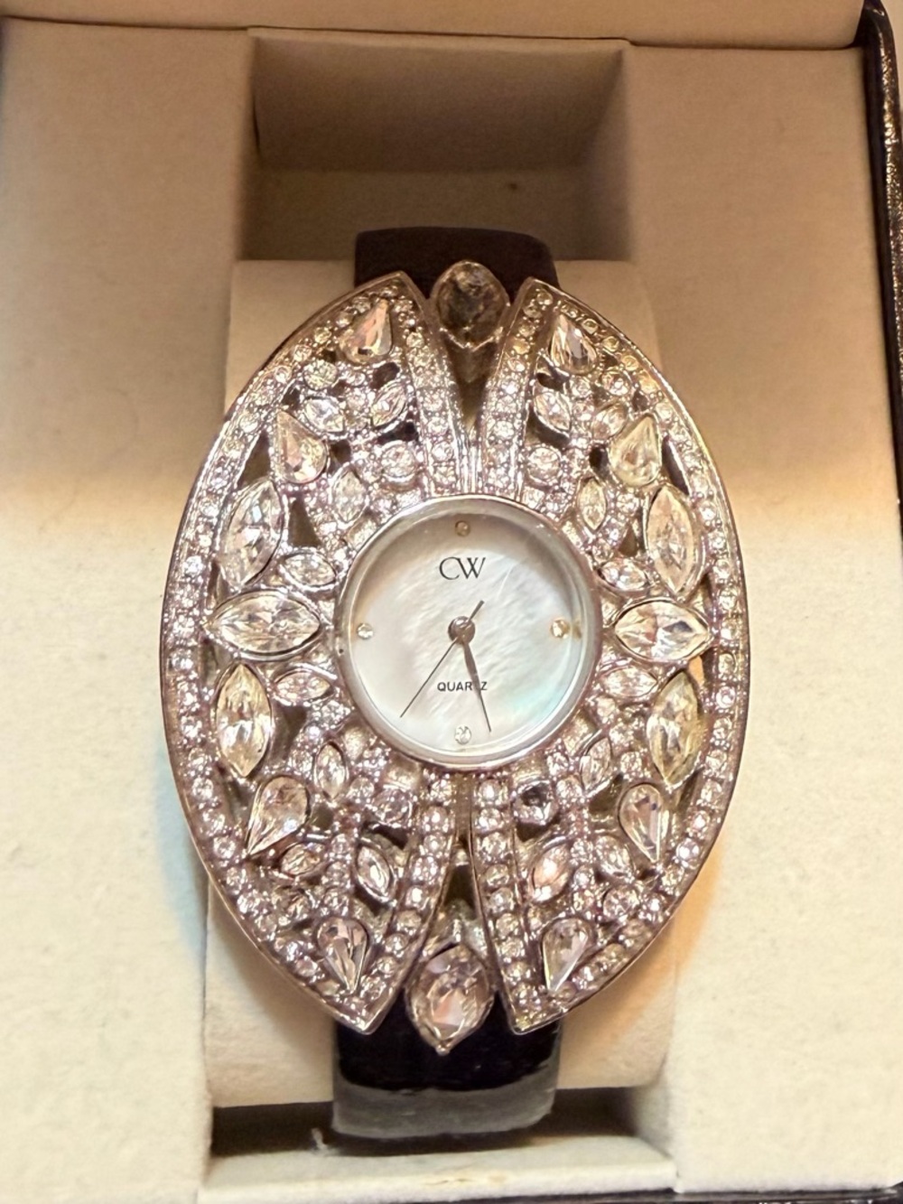 CW Crystal-Embellished Silver Women's Watch with Black Strap Swarovski crystal